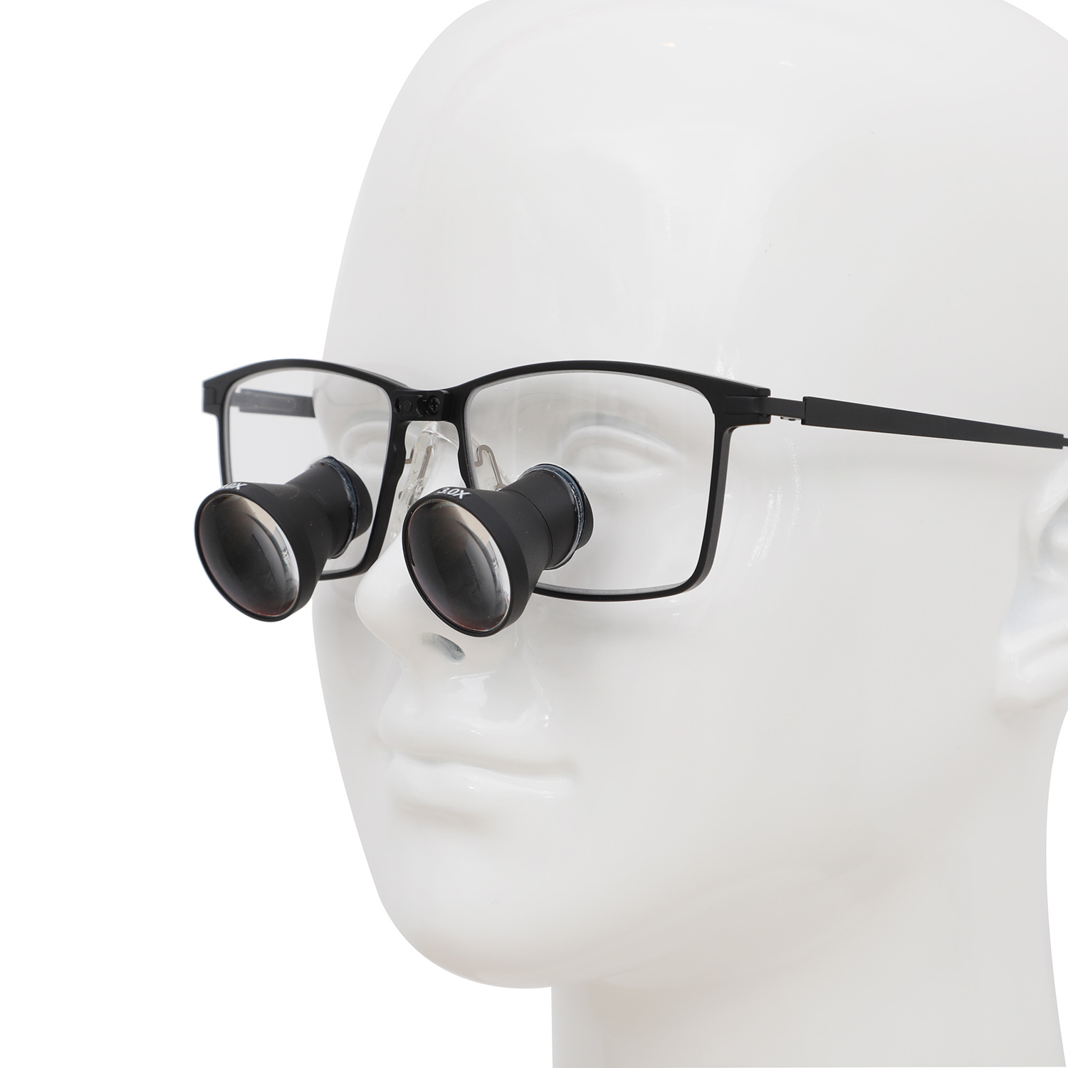 Left-angle view of black rectangular professional loupes on a display head