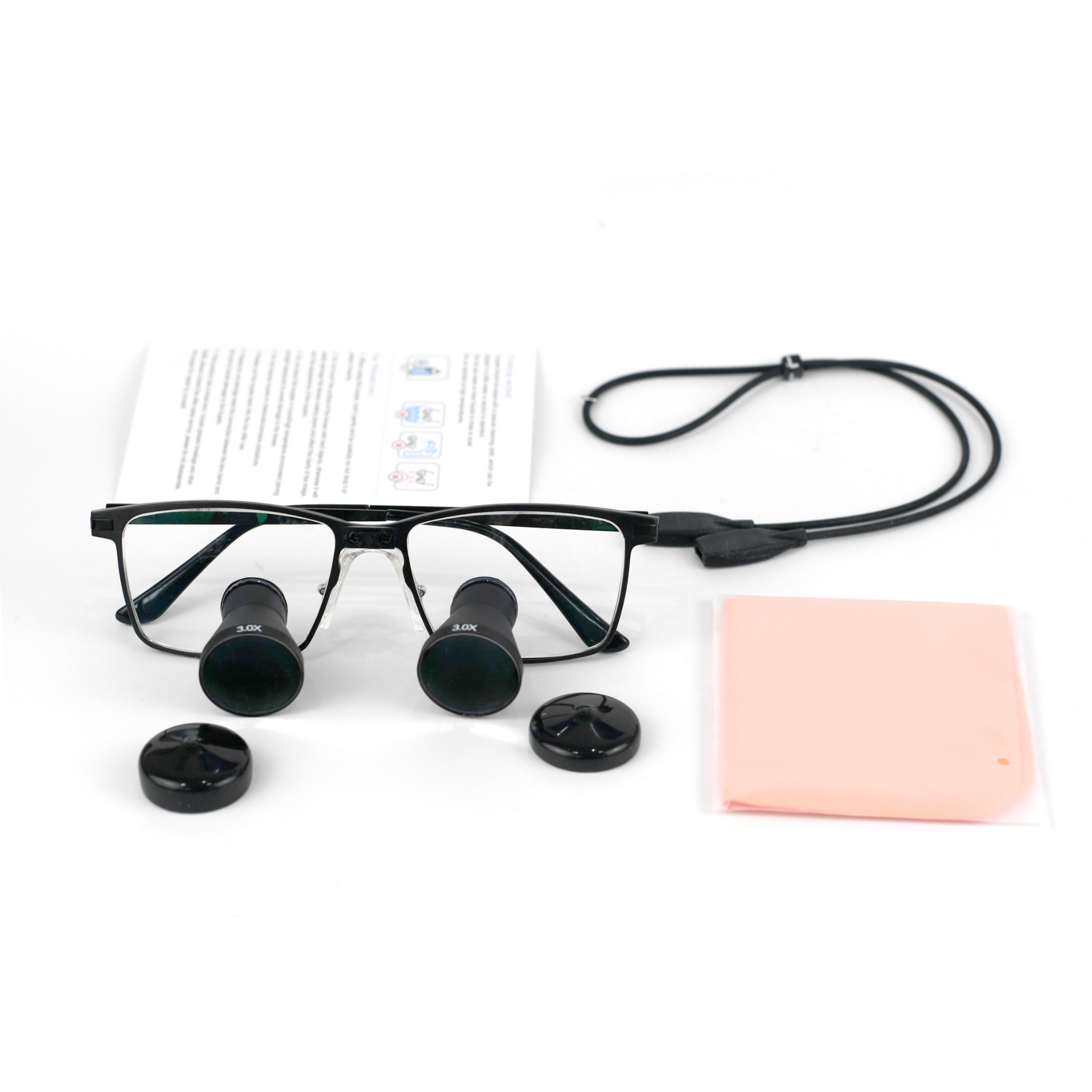 Front view of custom 3.0x loupes with included accessories